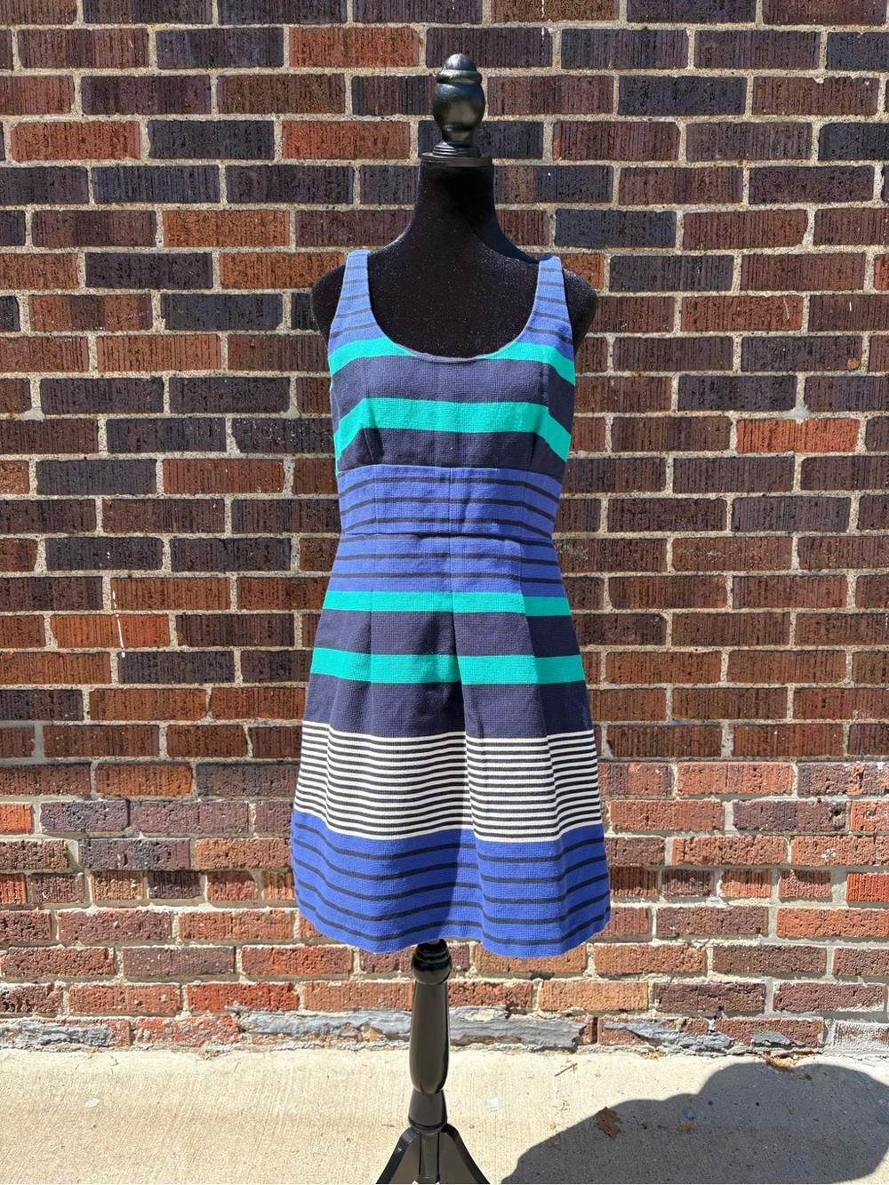 LOFT Blue, Teal & White Striped Scoop Neck Mini Dress